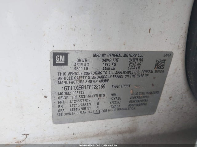 Продаж на аукціоні авто 2015 Gmc Sierra 2500hd, vin: 1GT11XEG1FF128169, номер лоту: 44899540