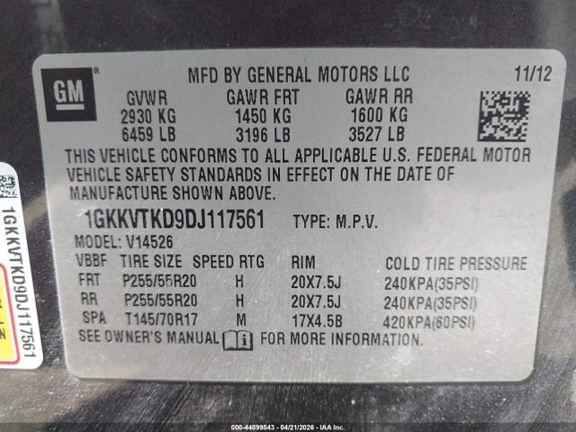 2013 Gmc Acadia Denali მანქანა იყიდება აუქციონზე, vin: 1GKKVTKD9DJ117561, აუქციონის ნომერი: 44899543