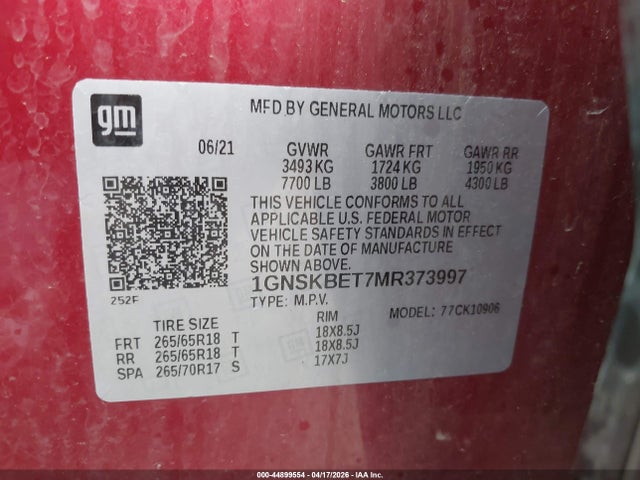 44899554 :رقم المزاد ، 1GNSKBET7MR373997 vin ، 2021 Chevrolet Suburban 4wd Ls مزاد بيع