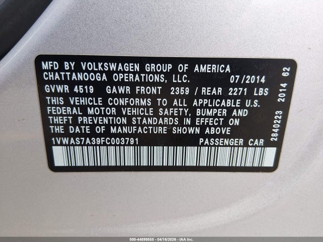 Продажа на аукционе авто 2015 Volkswagen Passat 1.8t Wolfsburg Edition, vin: 1VWAS7A39FC003791, номер лота: 44899555