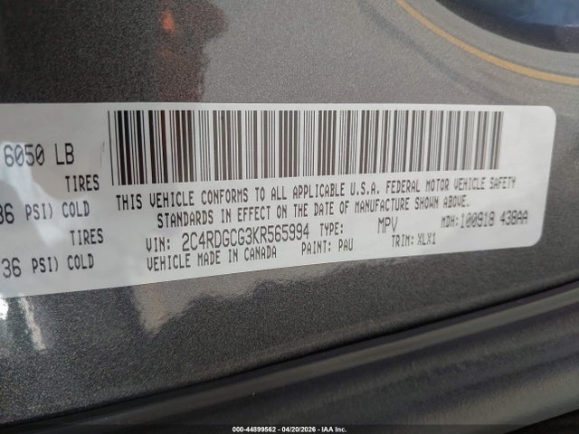 Aukcja sprzedaży 2019 Dodge Grand Caravan Sxt, vin: 2C4RDGCG3KR565994, numer aukcji: 44899562