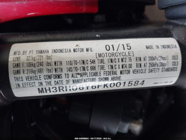 Aukcja sprzedaży 2015 Yamaha Yzfr3, vin: MH3RH06Y6FK001584, numer aukcji: 44899563