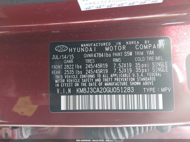 Продажа на аукционе авто 2016 Hyundai Tucson Limited, vin: KM8J3CA20GU051283, номер лота: 44899569
