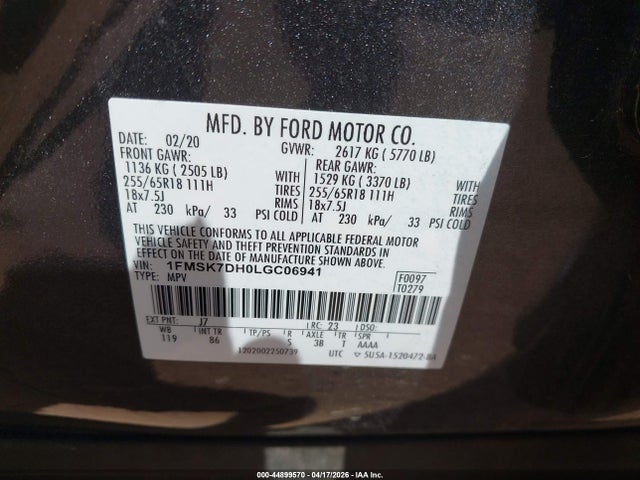 Продаж на аукціоні авто 2020 Ford Explorer Xlt, vin: 1FMSK7DH0LGC06941, номер лоту: 44899570