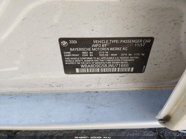 2018 Bmw 330i Xdrive მანქანა იყიდება აუქციონზე, vin: WBA8D9G58JNU71666, აუქციონის ნომერი: 44899571
