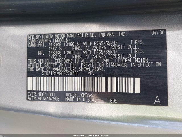 Aukcja sprzedaży 2006 Toyota Sequoia Sr5 V8, vin: 5TDZT34A86S278766, numer aukcji: 44899573
