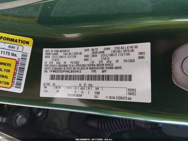 Продаж на аукціоні авто 2022 Ford Bronco Wildtrak, vin: 1FMEE5DP0NLB53412, номер лоту: 44899579