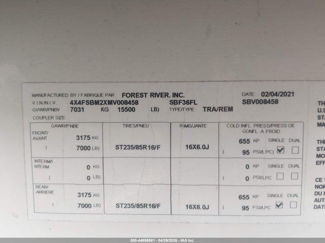 2021 Forest River Hemisphere მანქანა იყიდება აუქციონზე, vin: 4X4FSBM2XMV008458, აუქციონის ნომერი: 44899581