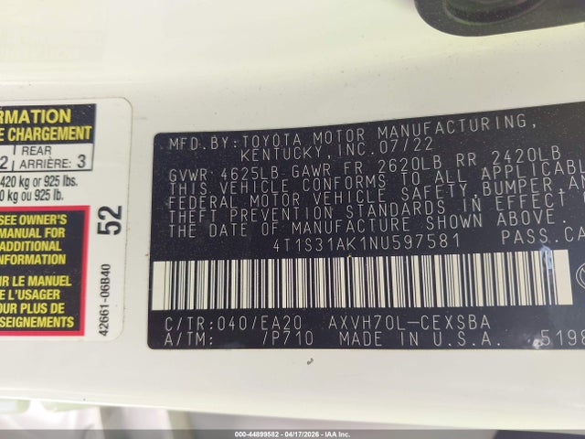 44899582 :رقم المزاد ، 4T1S31AK1NU597581 vin ، 2022 Toyota Camry Se Hybrid مزاد بيع