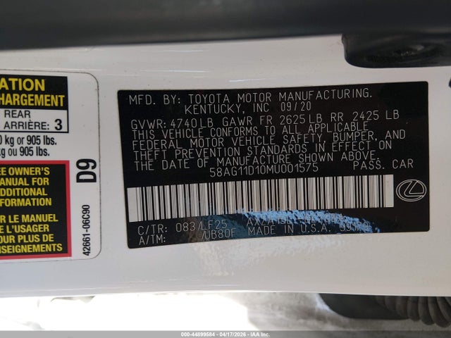 44899584 :رقم المزاد ، 58AG11D10MU001575 vin ، 2021 Lexus Es 250 F Sport مزاد بيع