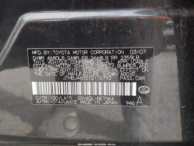 44899585 :رقم المزاد ، JTHBJ46G572116793 vin ، 2007 Lexus Es 350 مزاد بيع