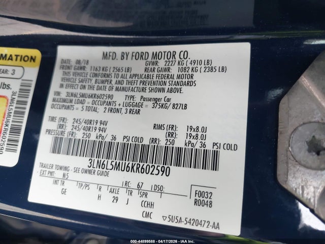 Продаж на аукціоні авто 2019 Lincoln Mkz Hybrid Reserve Ii, vin: 3LN6L5MU6KR602590, номер лоту: 44899588