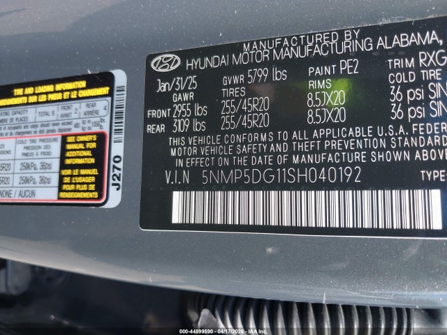 44899590 :رقم المزاد ، 5NMP5DG11SH040192 vin ، 2025 Hyundai Santa Fe Hybrid Calligraphy مزاد بيع