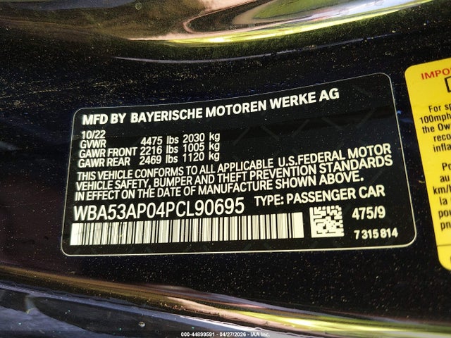 2023 Bmw 430i მანქანა იყიდება აუქციონზე, vin: WBA53AP04PCL90695, აუქციონის ნომერი: 44899591