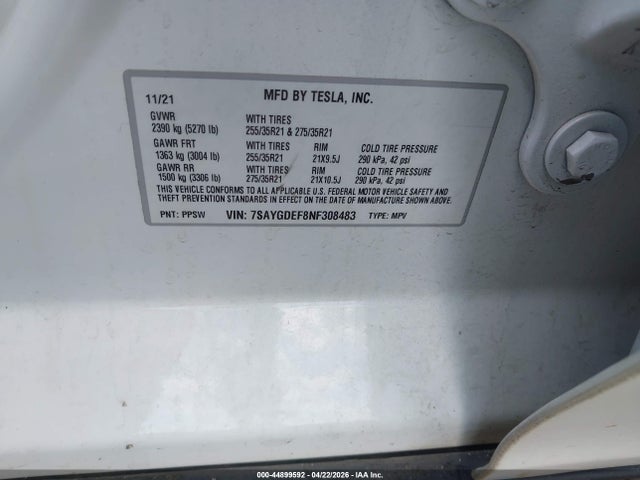Aukcja sprzedaży 2022 Tesla Model Y Performance Dual Motor All-wheel Drive, vin: 7SAYGDEF8NF308483, numer aukcji: 44899592