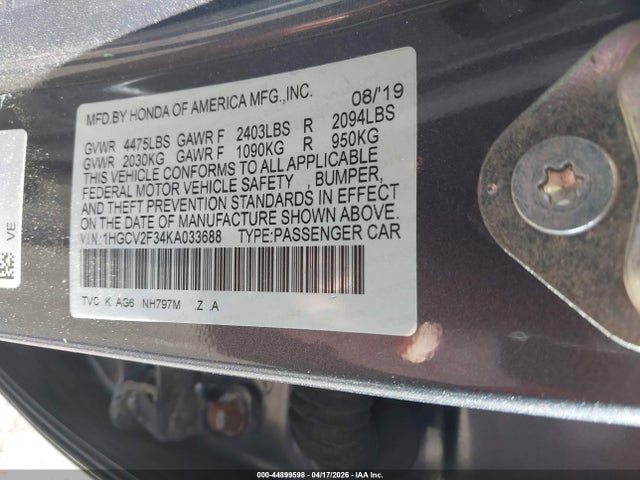 44899598 :رقم المزاد ، 1HGCV2F34KA033688 vin ، 2019 Honda Accord Sport 2.0t مزاد بيع
