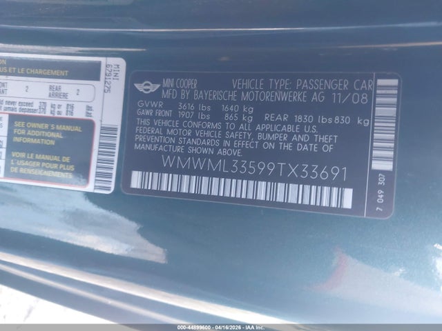 2009 MINI COOPER CLUBMAN WMWML33599TX33691 Photo 8
