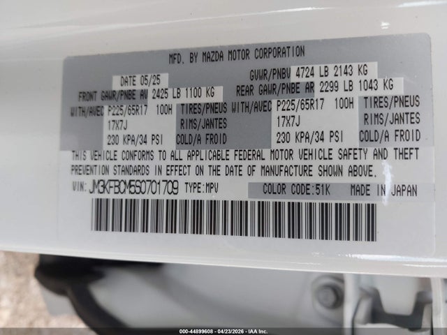 Aukcja sprzedaży 2025 Mazda Cx-5 2.5 S Preferred, vin: JM3KFBCM5S0701709, numer aukcji: 44899608