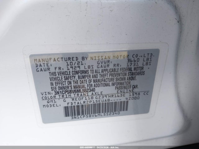 44899611 :رقم المزاد ، 3N1CP5BV6ML552340 vin ، 2021 Nissan Kicks S Xtronic Cvt مزاد بيع