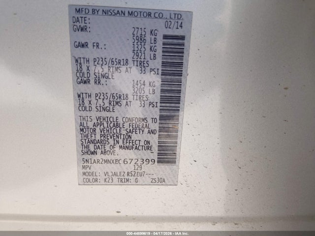 Nissan Pathfinder Sv 2014 5N1AR2MNXEC672399 Image 9