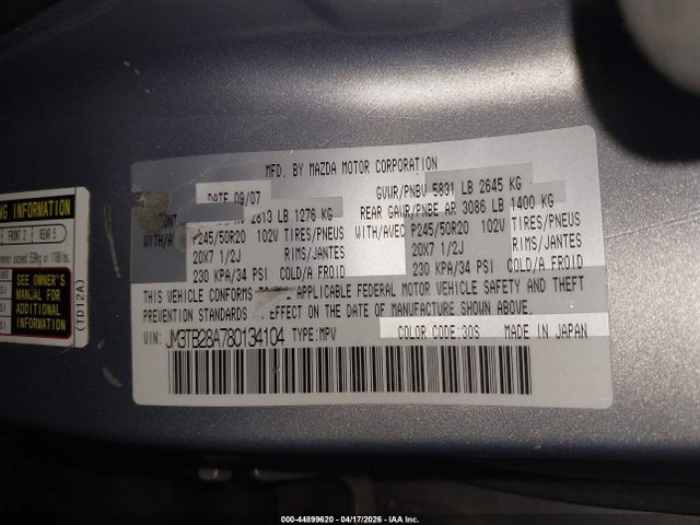 44899620 :رقم المزاد ، JM3TB28A780134104 vin ، 2008 Mazda Cx-9 Grand Touring مزاد بيع