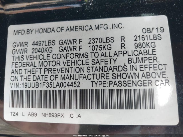 Продаж на аукціоні авто 2020 Acura Tlx Standard, vin: 19UUB1F35LA004452, номер лоту: 44899629