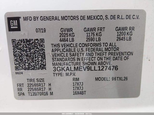 Продаж на аукціоні авто 2020 Gmc Terrain Fwd Sle, vin: 3GKALMEV9LL127476, номер лоту: 44899641