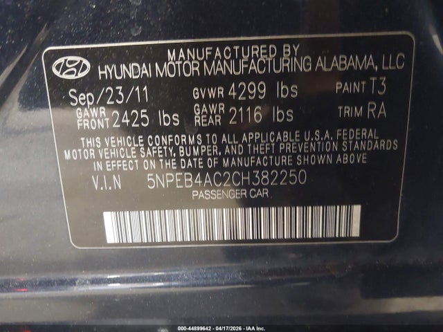 2012 Hyundai Sonata Gls მანქანა იყიდება აუქციონზე, vin: 5NPEB4AC2CH382250, აუქციონის ნომერი: 44899642