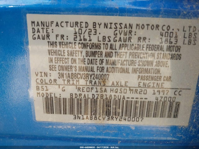 3N1AB8CV3RY240007 Nissan Sentra Sv Xtronic Cvt