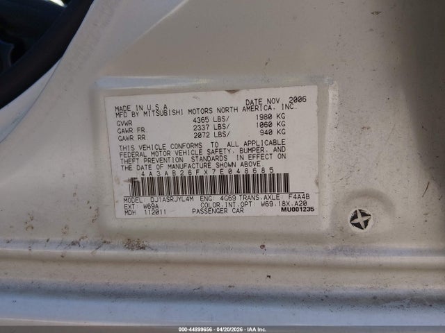 44899656 :رقم المزاد ، 4A3AB26FX7E048685 vin ، 2007 Mitsubishi Galant De مزاد بيع