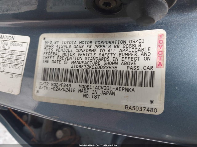44899661 :رقم المزاد ، JTDBE32K020022836 vin ، 2002 Toyota Camry Le مزاد بيع