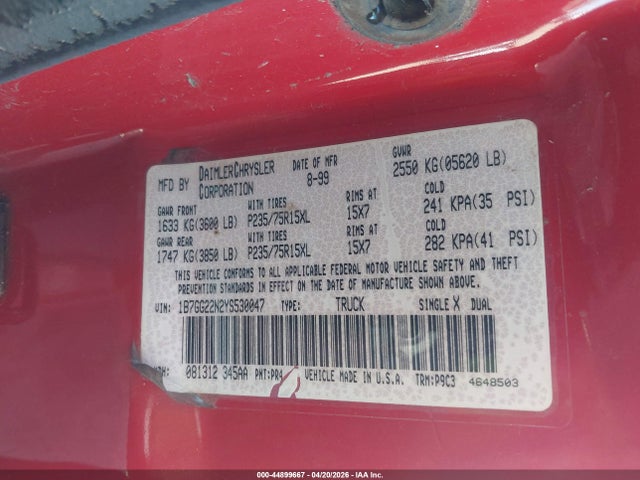 44899667 :رقم المزاد ، 1B7GG22N2YS530047 vin ، 2000 Dodge Dakota Slt/sport مزاد بيع