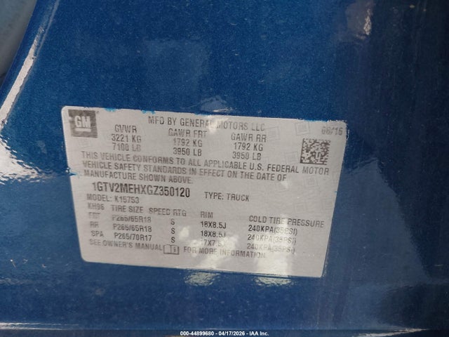Продаж на аукціоні авто 2016 Gmc Sierra 1500 Sle, vin: 1GTV2MEHXGZ350120, номер лоту: 44899680