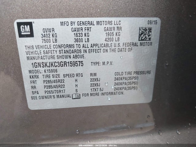 Aukcja sprzedaży 2016 Chevrolet Suburban Ltz, vin: 1GNSKJKC3GR159575, numer aukcji: 44899681