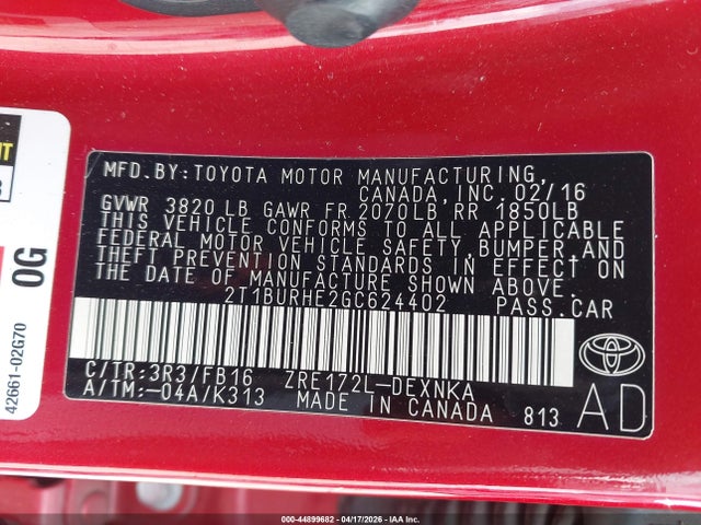 2T1BURHE2GC624402 Toyota Corolla Le Plus