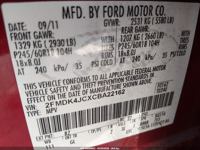 44899683 :رقم المزاد ، 2FMDK4JCXCBA22162 vin ، 2012 Ford Edge Sel مزاد بيع