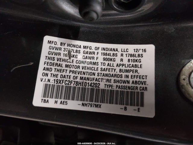 Продажа на аукционе авто 2017 Honda Civic Ex, vin: 19XFC2F78HE014202, номер лота: 44899690