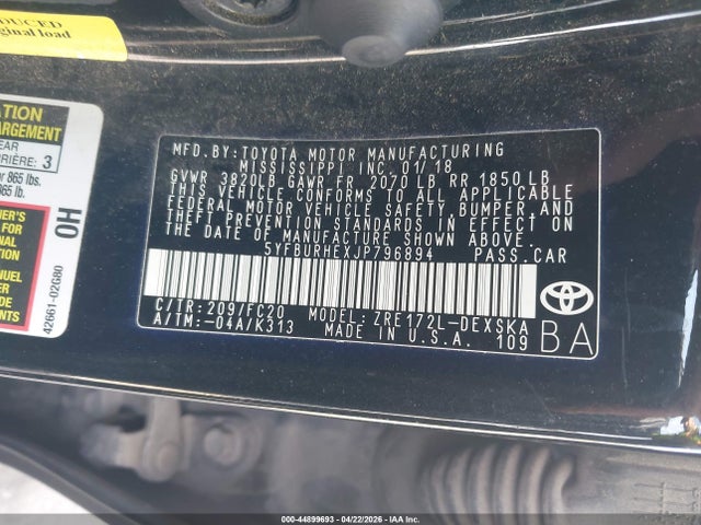 Продажа на аукционе авто 2018 Toyota Corolla Se, vin: 5YFBURHEXJP796894, номер лота: 44899693