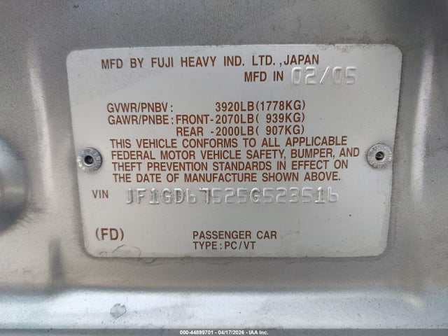 Продаж на аукціоні авто 2005 Subaru Impreza 2.5rs, vin: JF1GD67525G523516, номер лоту: 44899701