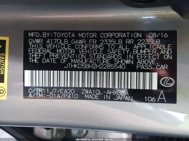 Продажа на аукционе авто 2017 Lexus Ct Ct 200h F Sport, vin: JTHKD5BH2H2285540, номер лота: 44899712