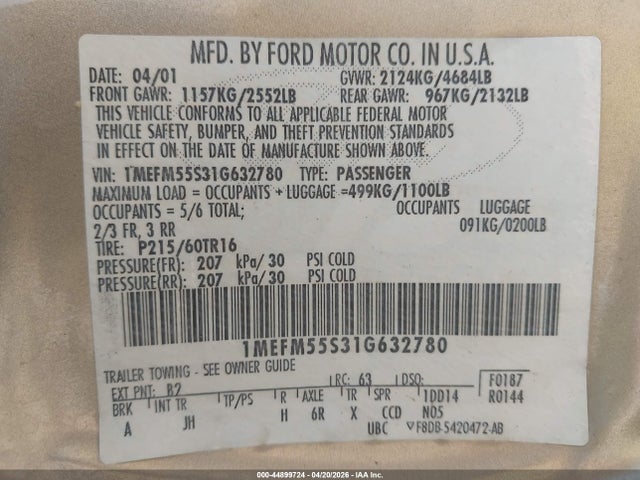 Продаж на аукціоні авто 2001 Mercury Sable Ls Premium, vin: 1MEFM55S31G632780, номер лоту: 44899724