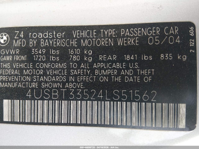 44899725 :رقم المزاد ، 4USBT33524LS51562 vin ، 2004 Bmw Z4 2.5i مزاد بيع