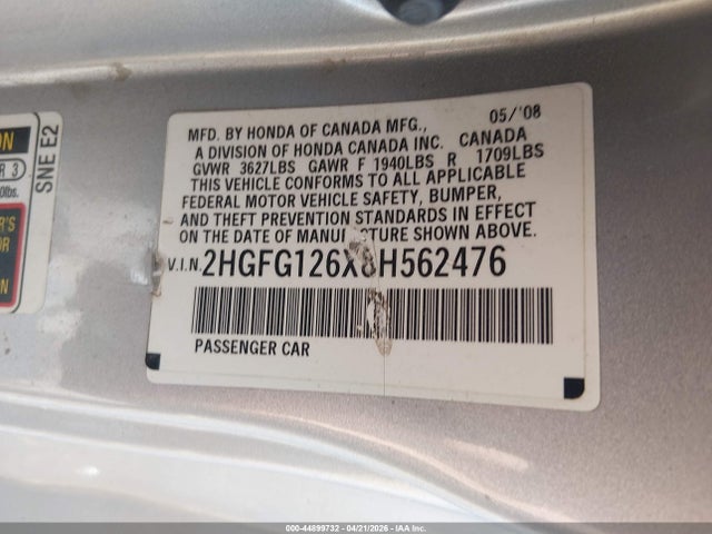 Aukcja sprzedaży 2008 Honda Civic Lx, vin: 2HGFG126X8H562476, numer aukcji: 44899732