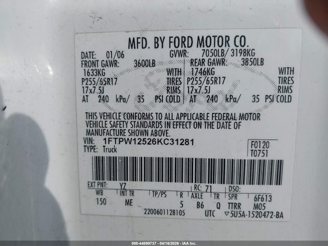 Продажа на аукционе авто 2006 Ford F-150 Lariat/xlt, vin: 1FTPW12526KC31281, номер лота: 44899737