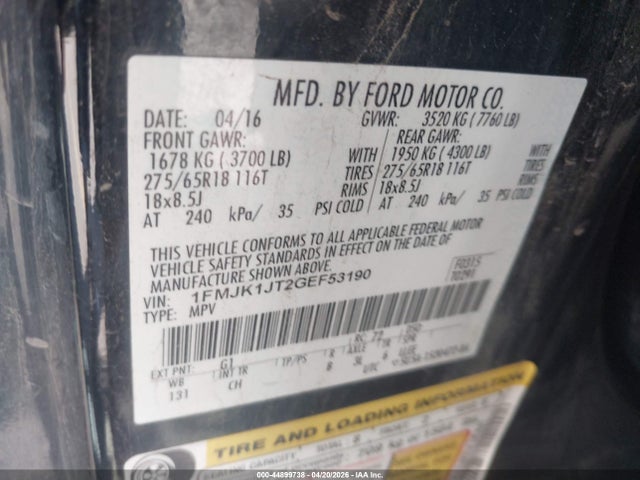 1FMJK1JT2GEF53190 Ford Expedition El Xlt
