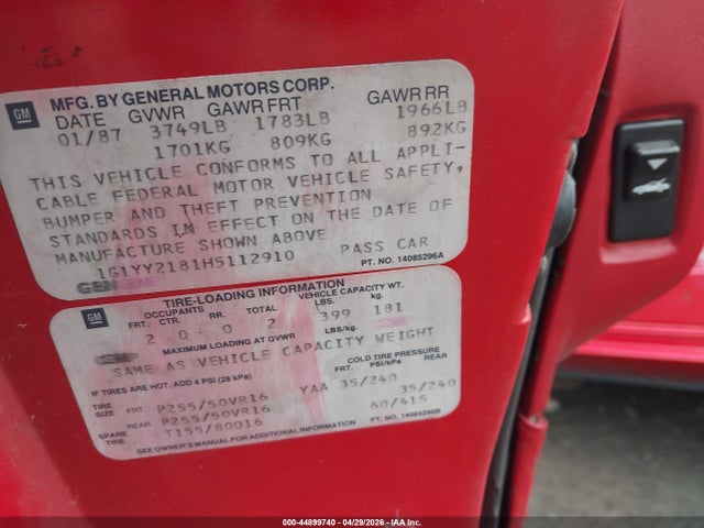 1987 Chevrolet Corvette მანქანა იყიდება აუქციონზე, vin: 1G1YY2181H5112910, აუქციონის ნომერი: 44899740