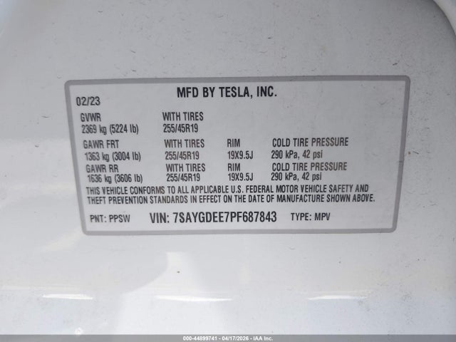 Продажа на аукционе авто 2023 Tesla Model Y, vin: 7SAYGDEE7PF687843, номер лота: 44899741
