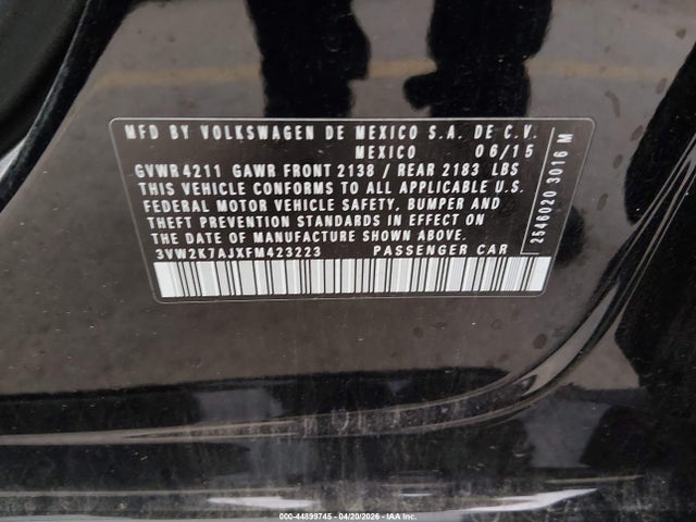 Продаж на аукціоні авто 2015 Volkswagen Jetta 2.0l S, vin: 3VW2K7AJXFM423223, номер лоту: 44899745