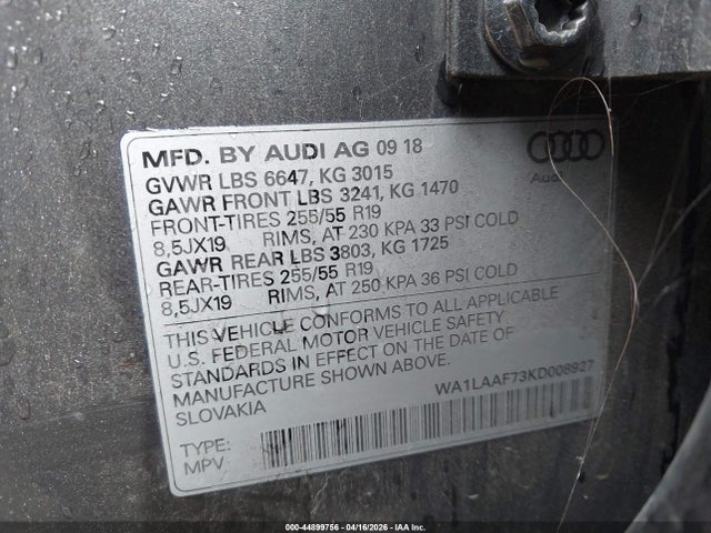 44899756 :رقم المزاد ، WA1LAAF73KD008927 vin ، 2019 Audi Q7 55 Premium/55 Se Premium مزاد بيع