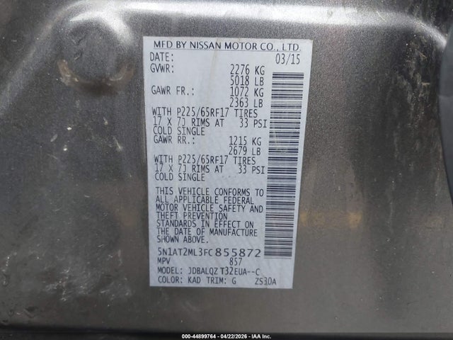 Продажа на аукционе авто 2015 Nissan Rogue Sv, vin: 5N1AT2ML3FC855872, номер лота: 44899764